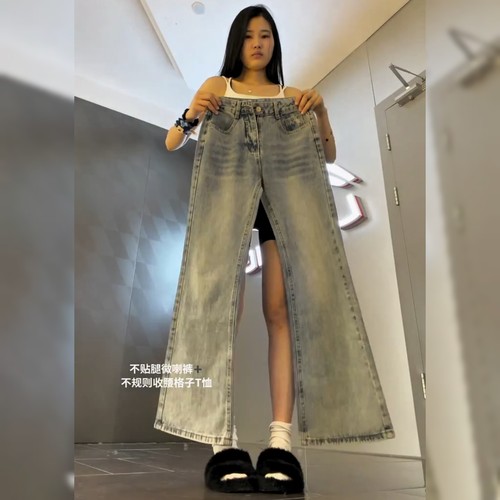 美式复古炸街浅蓝色牛仔裤