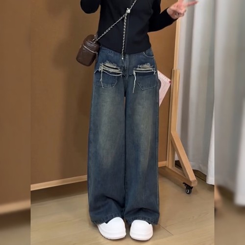 韩系复古炸街蓝色牛仔裤女