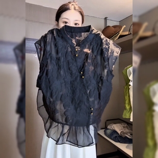 时尚高级感花边黑色上衣女夏季新款新中式国风气质别致独特衬衣