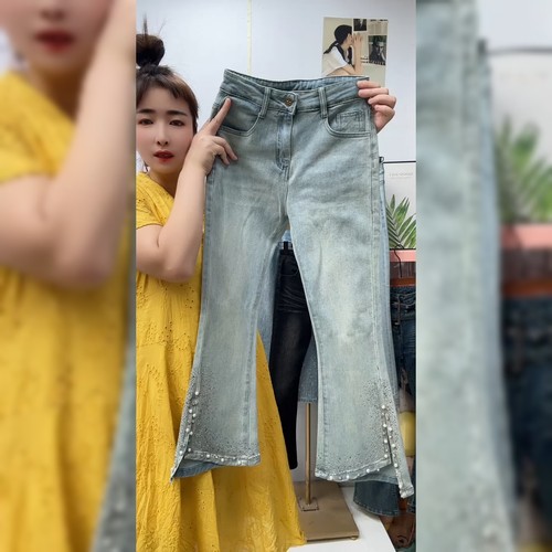 小个子重工烫钻蓝色牛仔裤