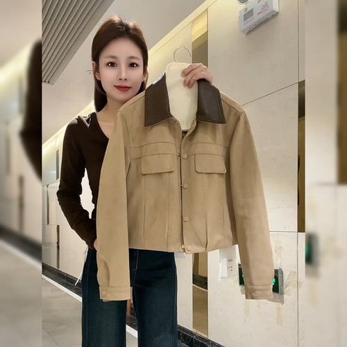 韩系复古短款卡其色外套女