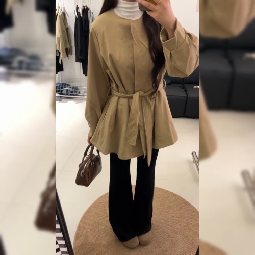 韩版宽松系带卡色外套女