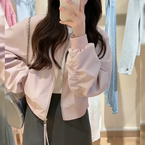 美式浅粉色短款棒球服外套