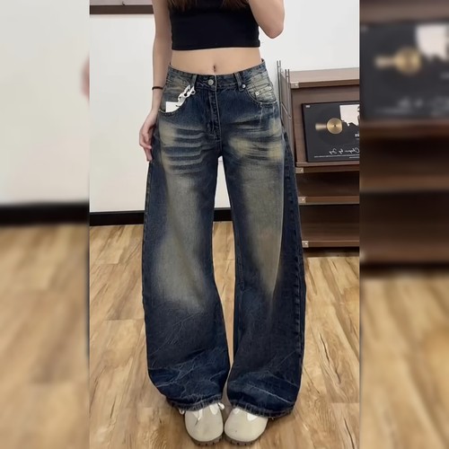 美式复古深蓝色牛仔裤女
