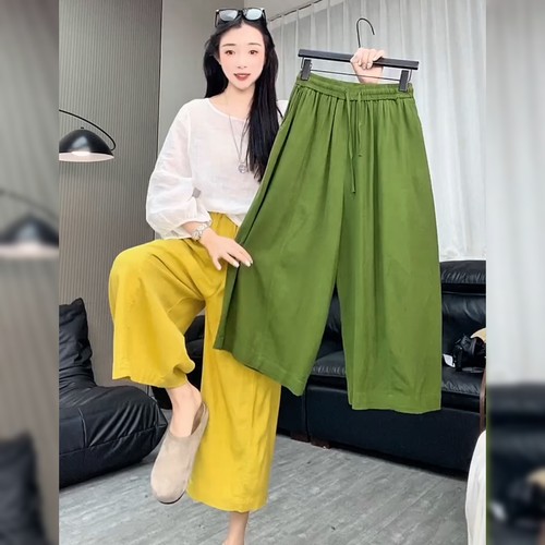高腰宽松抽绳亚麻休闲裤女