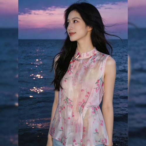 新中式印花苎麻无袖上衣女