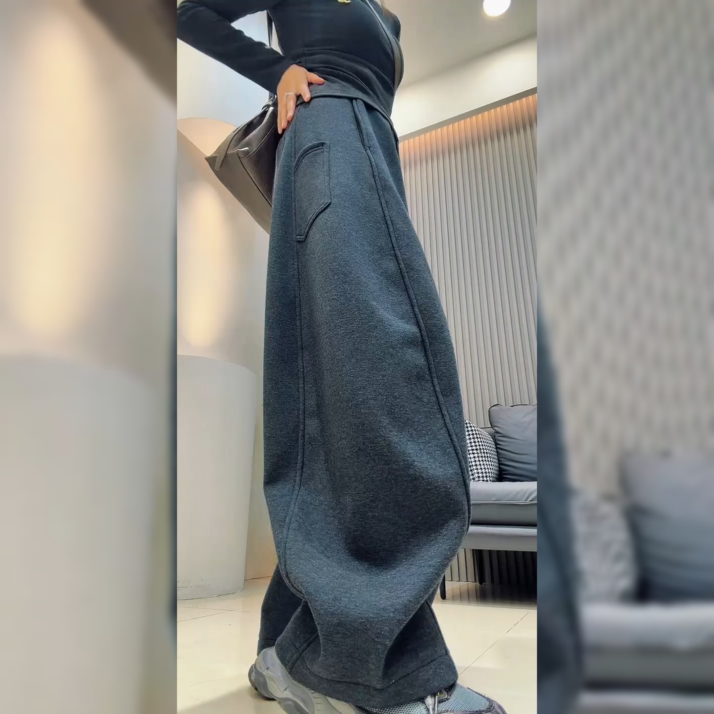 欧洲站欧货加绒深灰色休闲裤时尚慵懒风气质宽松显瘦百搭阔腿裤女
