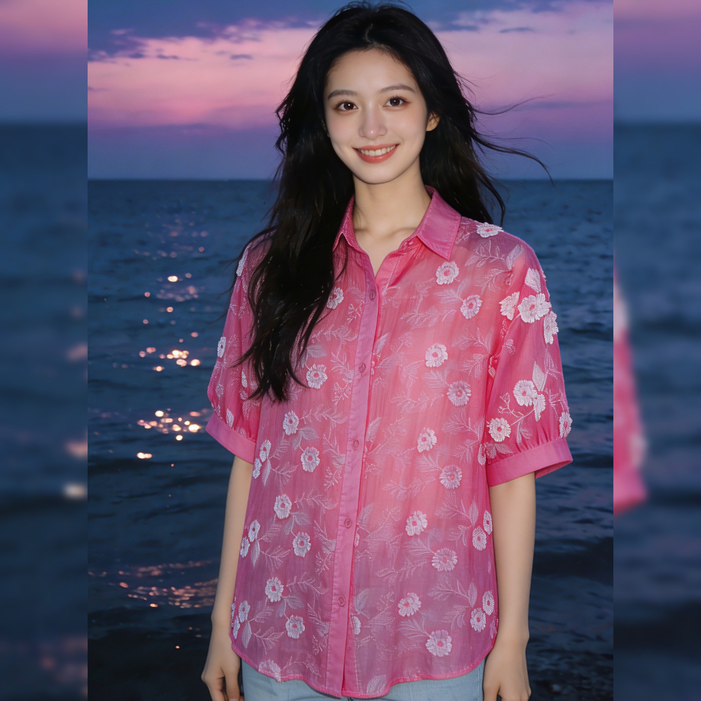 设计感立体花朵刺绣衬衫女欧洲站欧货时尚宽松垂感玫红色苎麻衬衣