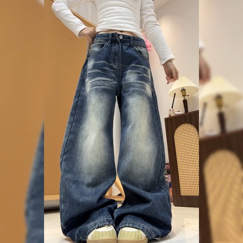 美式复古蓝色加绒牛仔裤女