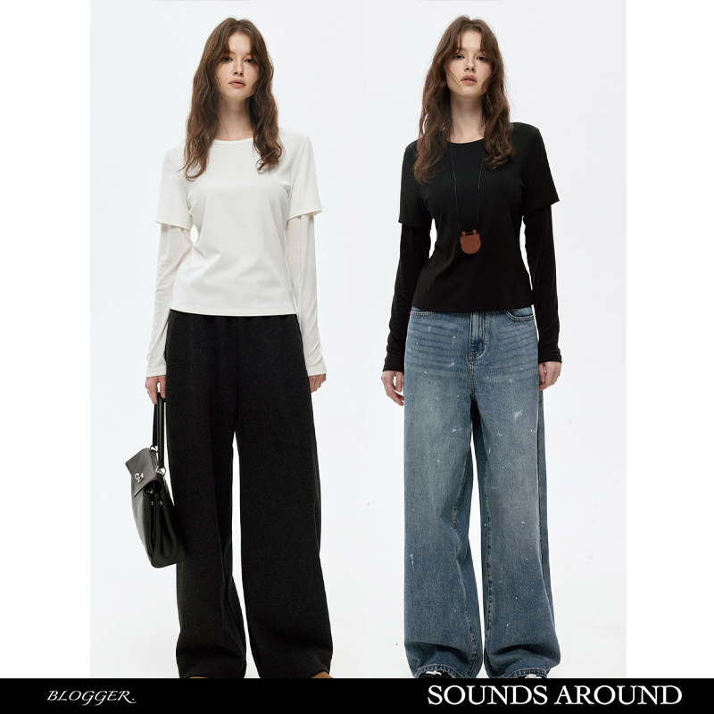 2025原创设计羊毛假两件套袖打底长袖上衣秋季新款时髦显瘦T恤衫