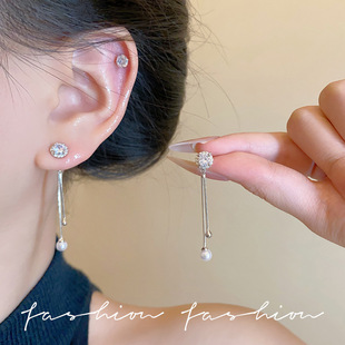 微镶锆石花朵流苏珍珠耳钉女轻奢小众高级感耳环欧美长款 耳坠 个性