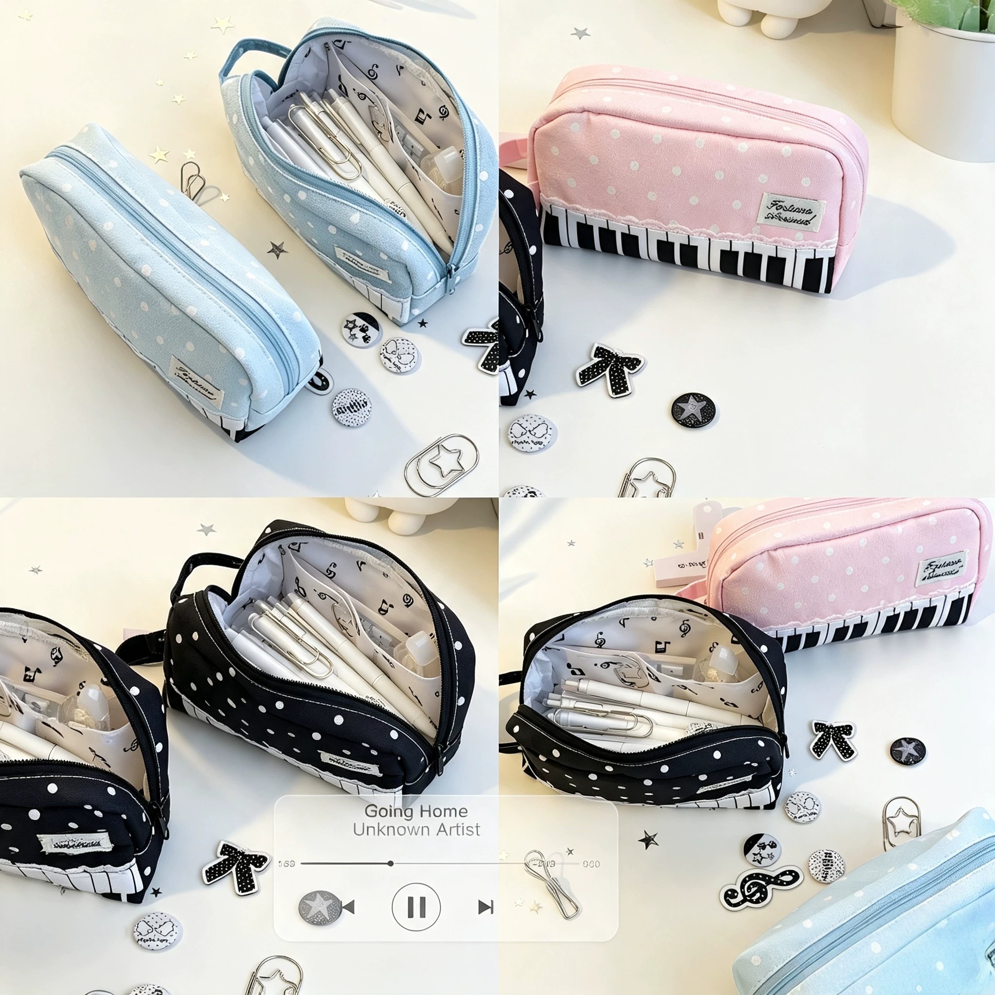 日韩系ins笔袋初中女生波点钢琴键拉链手提文具袋铅笔尺子收纳包