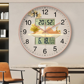 新款 静音挂钟家用学校教室客厅卧室免打孔轻奢电子钟双日历时钟表