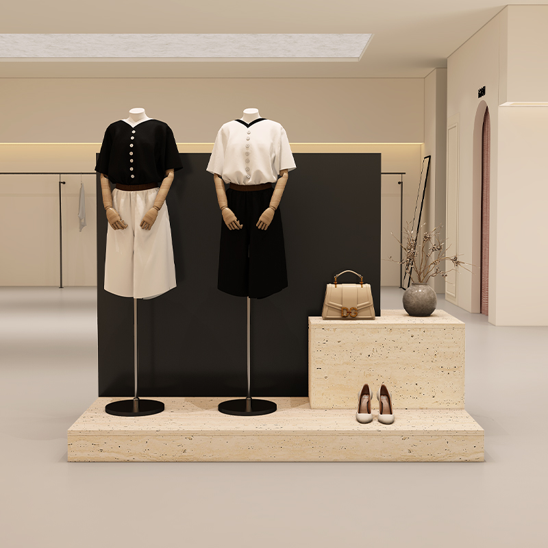 服装店展示柜中岛台洞石纹女装陈列柜简约现代橱窗地台模特展示柜