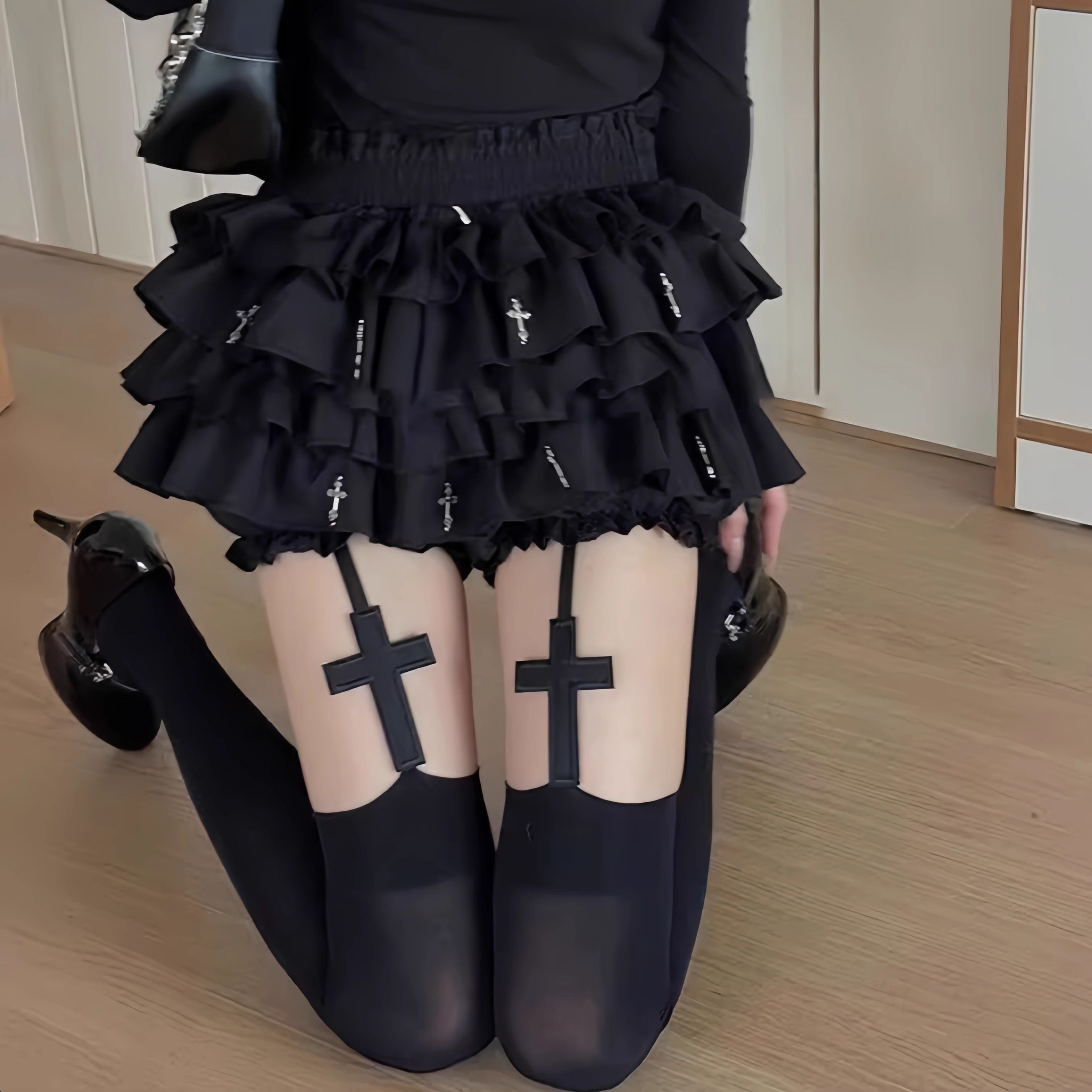 亚文化朋克袜子夏季暗黑性感十字架图案丝袜朋克风连裤袜镂空黑色