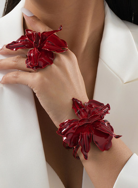 欧美复古酒红色金属立体花朵手镯夸张个性大牌戒指旅拍首饰套装