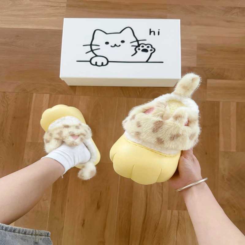 萌趣猫爪棉拖鞋女秋冬季加绒保暖