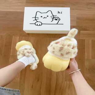 萌趣猫爪棉拖鞋女秋冬季室内加绒保暖厚底防滑高颜值毛毛鞋可外穿