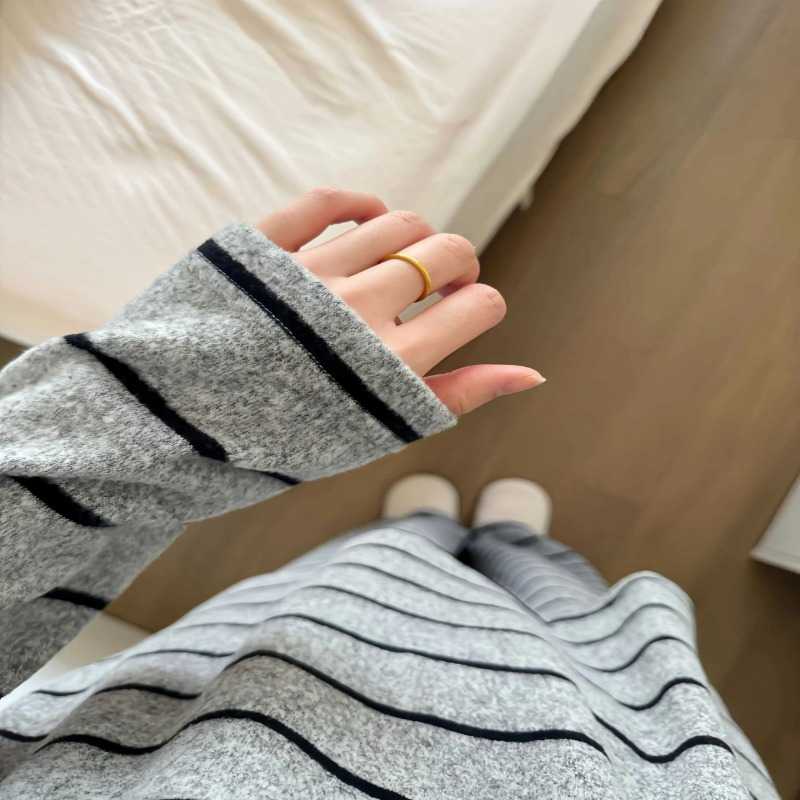 灰色条纹德绒女睡衣套装|秋冬