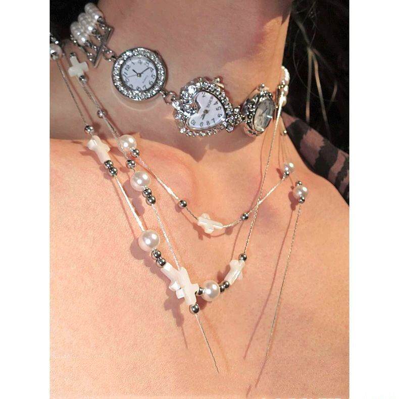 设计 重工多层珍珠爱心表盘项链Choker
