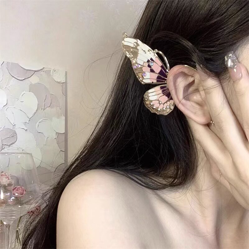 蝴蝶精灵翅膀耳挂渐变甜酷小众凹造型无耳洞耳骨夹耳环男女
