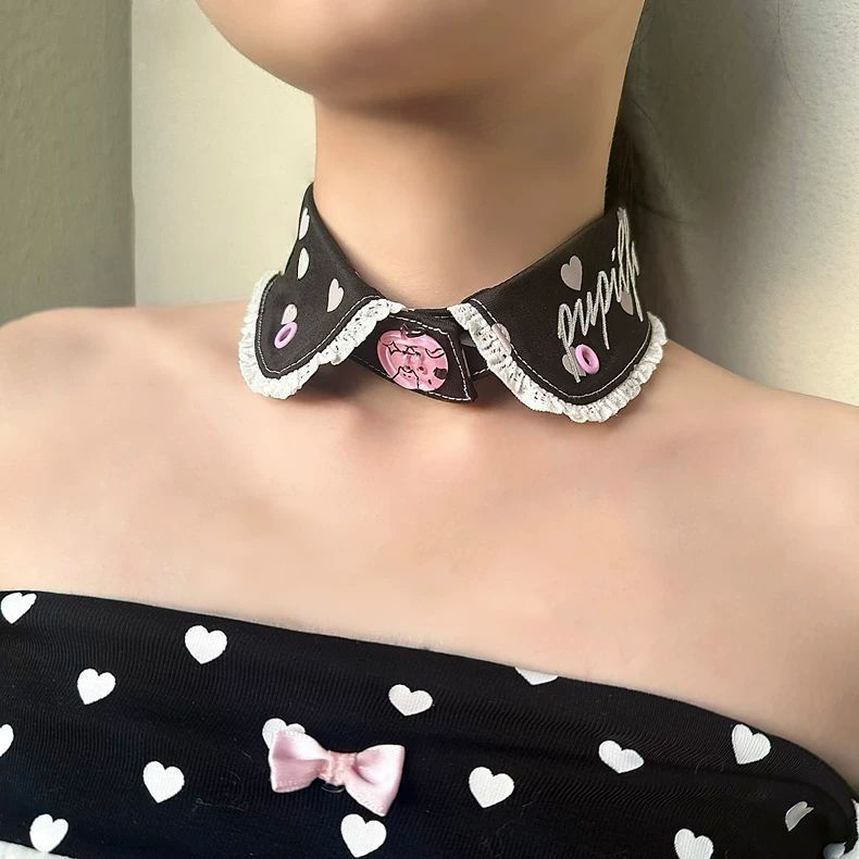 小众甜美"爱心波点蕾丝刺绣领结黑粉choker