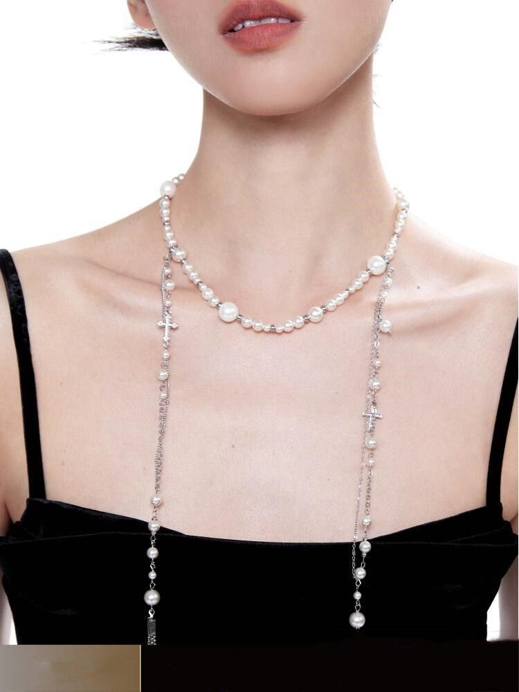 浮U生物 破碎都市原创流苏项链长款复古叠戴十字架可拆毛衣链