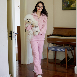 微醺小姐睡衣女套装 高领家居服 粉色半边绒保暖加绒冬款 加厚冬季