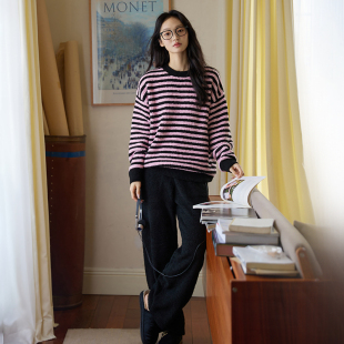 微醺小姐睡衣女套冬装 条纹半边绒保暖家居服可外穿 2024新款 冬季