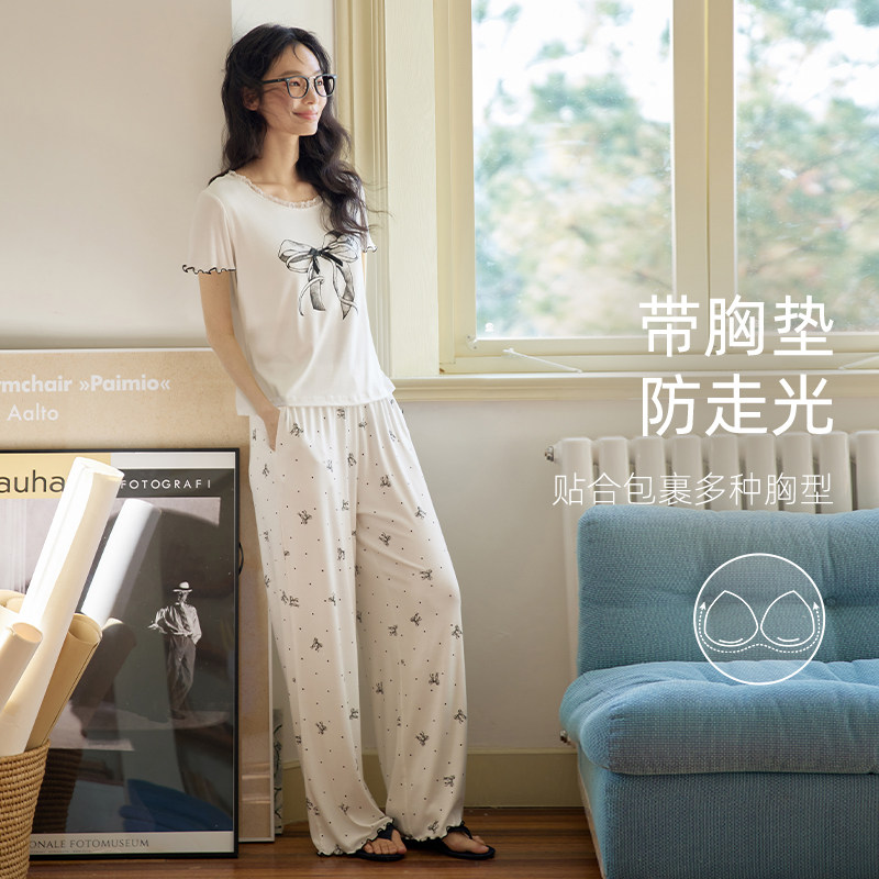 微醺小姐带胸垫睡衣女套装圆领夏装2026新款夏季短袖短裤家居服