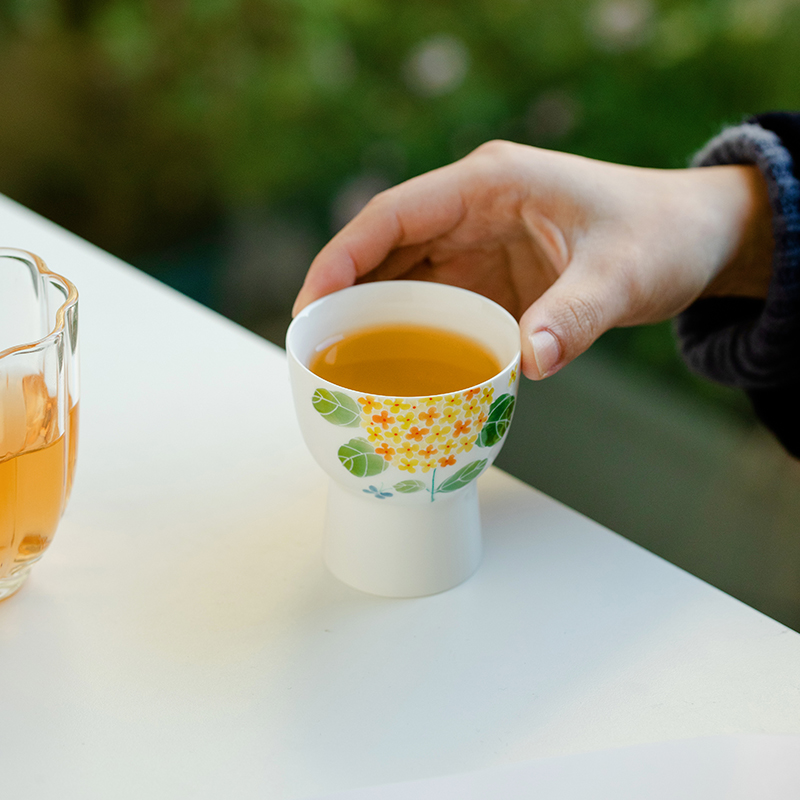 观策器隐纯手绘堆雕绣球花品茗杯家用主人杯陶瓷高足杯功夫茶杯子