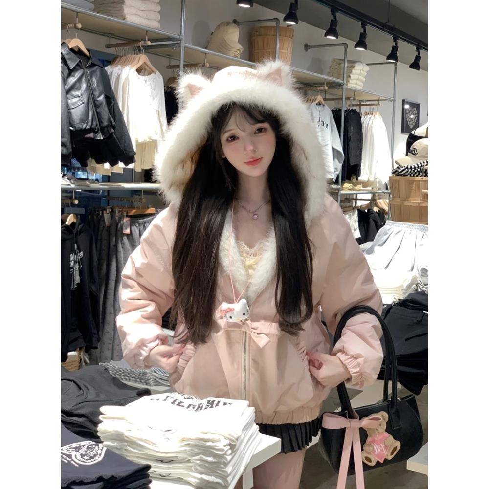 甜美可爱毛茸茸连帽外套女冬季新款双面穿设计感加绒加厚保暖棉服