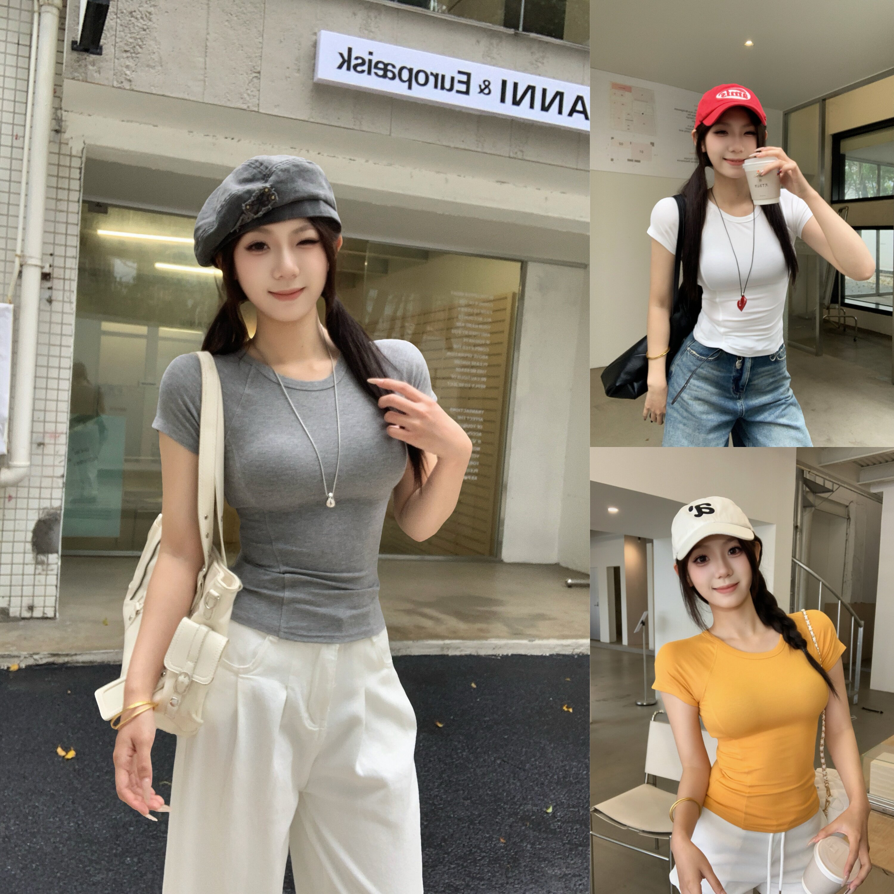 版型超正~辣妹正肩鱼骨圆领百搭修身短袖T恤女夏季新款上衣26016