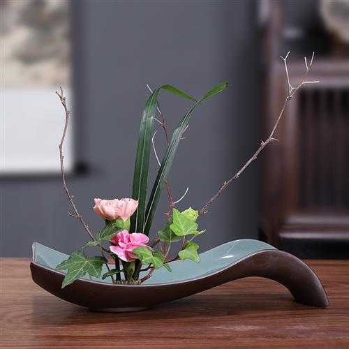 剑山中式插花器皿陶瓷花盆2021新款插花日式花盘小原流底座盆景盆
