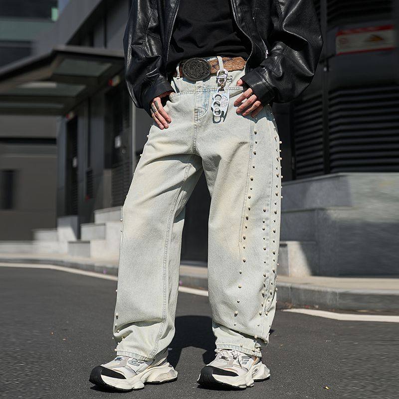 潮牌巴黎款美式复古钉珠阔腿牛仔裤男宽松街头风长裤时尚弯刀裤,男装,牛仔裤,淘宝优惠券,粉丝福利购,淘宝优惠卷
