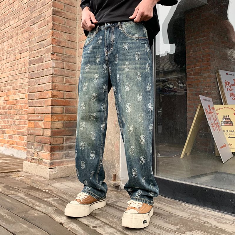巴黎风潮牌美式复古高街满印字母牛仔裤男宽松直筒阔腿拖地长裤子