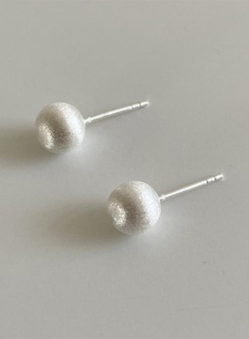 925纯银磨砂拉丝圆珠耳钉女极简圆球耳环小众通勤百搭气质耳饰