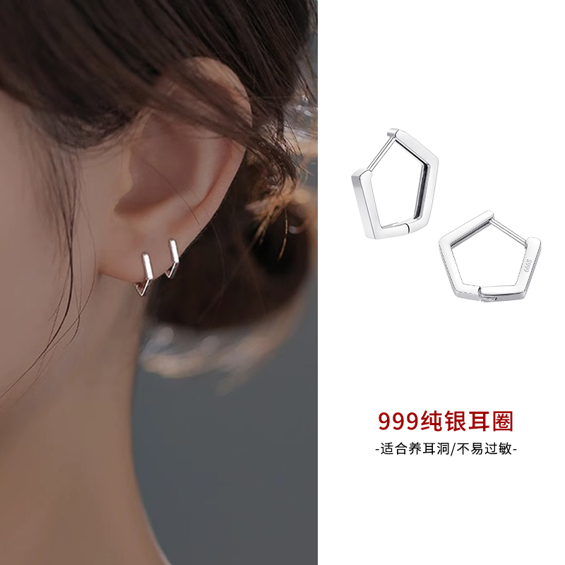 s999纯银耳环睡觉免摘养耳洞耳圈简约百搭耳环气质耳扣足银耳饰女
