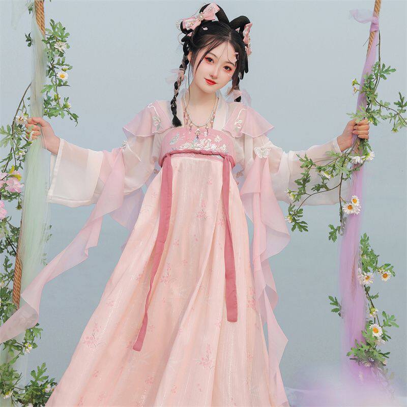 바람 얕은 봄 사쿠라 한복 여성 당나라 한 엘레메