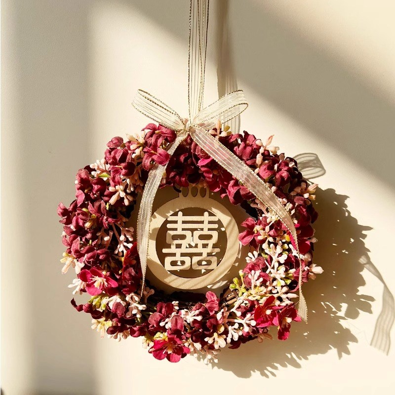 结婚喜字花环挂件藤编挂饰婚房背景墙布置床头装饰壁挂手工制作