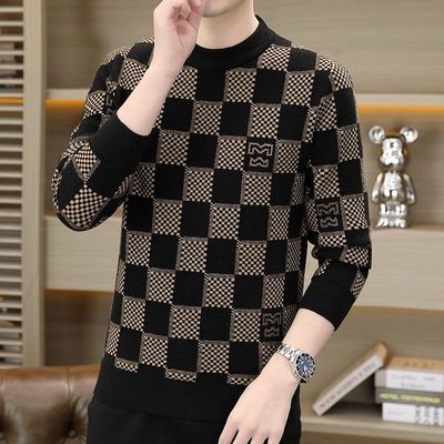2025新款棋盘格男士圆领卫衣秋冬季休闲格子长袖t恤保暖打底衫