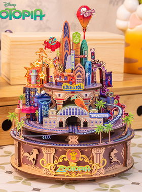 迪士尼疯狂动物城八音盒3D立体拼图木质拼装玩具手工兔朱迪送礼物