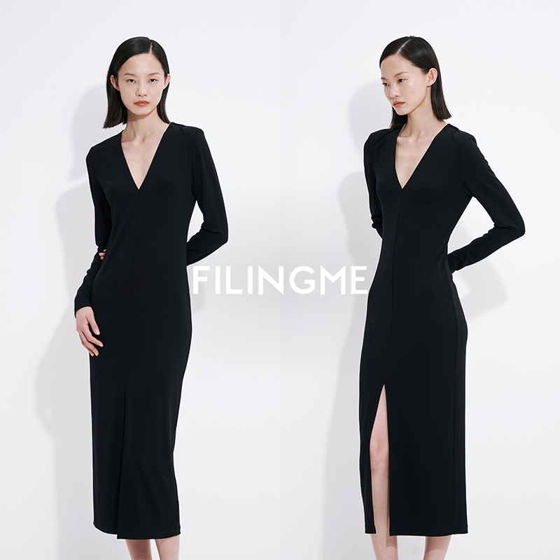 FILINGME深V修身开衩连衣裙
