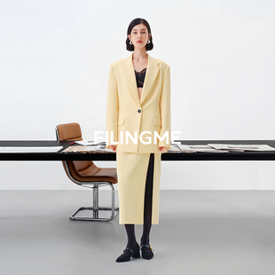 套装 菲埃琳FILINGME 26一粒扣宽肩外套U型衩口半身裙通勤西装