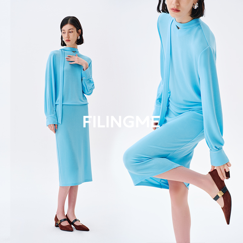 菲埃琳FILINGME 25秋冬醋酸针织修身显瘦飘带连衣裙