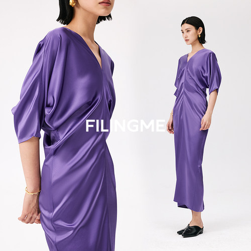 菲埃琳FILINGME 26夏装新款时尚设计感立体堆褶中袖醋酸连衣裙