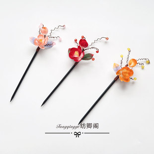 旗袍发钗女 非遗绒花古风发簪手工木簪子头饰盘发汉服配饰挽发古装