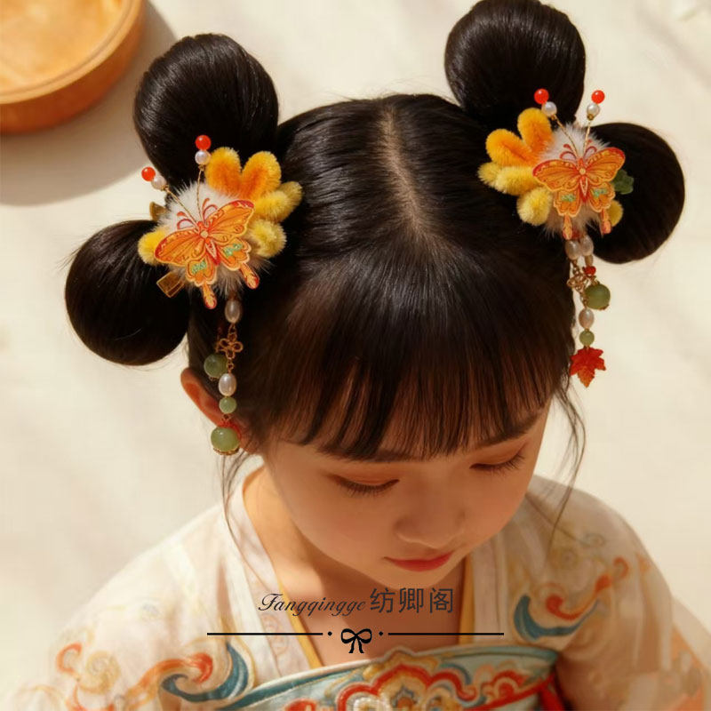 原创儿童汉服头饰女童古风发夹超仙黄色蝴蝶流苏发卡女孩汉服发饰图片