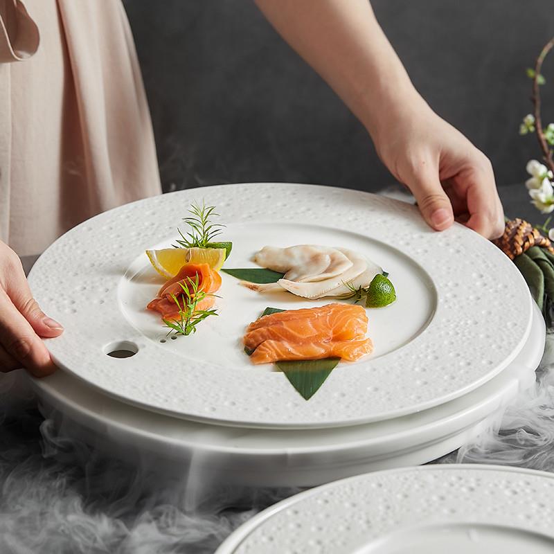 圆形干冰刺身盘餐具创意陶瓷海鲜三文鱼生鱼片意境融合菜高档冰盘