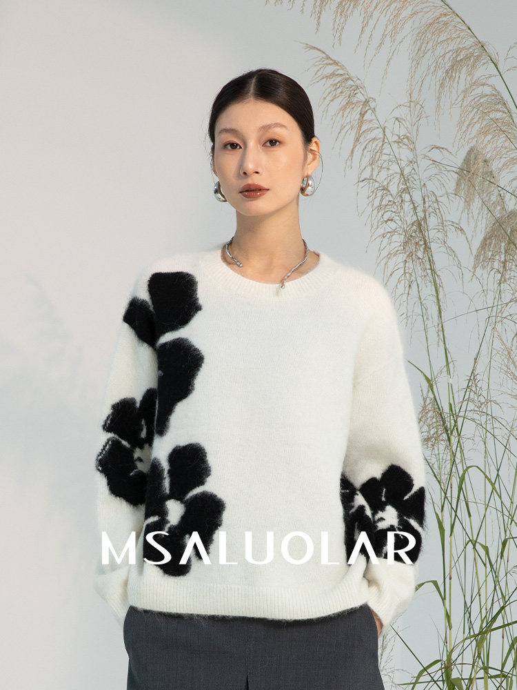 MSALUOLAR罗拉小姐 大花朵设计感慵懒风套头针织羊毛衫软糯毛衣女